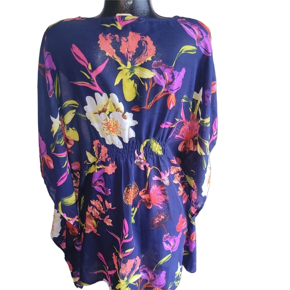 Lucky & Coco Blue Floral Print Beaded V Neck Kaftan Style Beach Cover Up - Picture 6 of 7